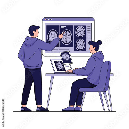 Two people analyzing brain scans on computer and laptop isolated on transparent background