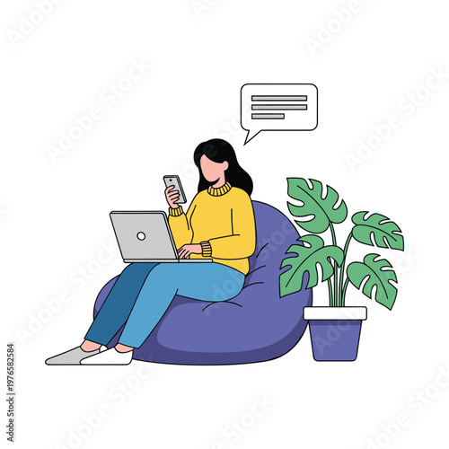 woman sitting on bean bag chair with laptop and phone isolated on transparent background