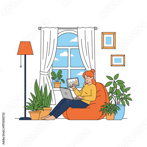 woman sitting on bean bag chair with laptop and coffee isolated on transparent background