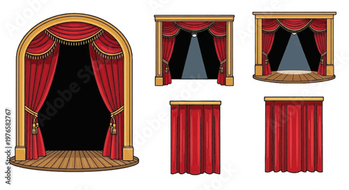 Vector illustration of set of theater stages with red curtains and wooden floors on transparence background