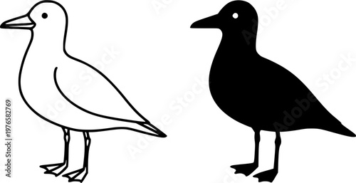 Seagull minimalist icon, outline and silhouette, for animal or wildlife themed design, isolated on transparent background