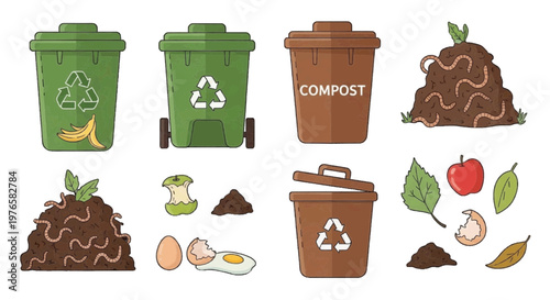 Vector illustration of compost and recycling bins with organic waste and worms illustration on transparence background