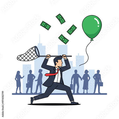 Businessman trying to catch floating money with a net isolated on transparent background