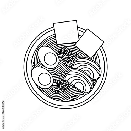 Black and white line art illustration of a bowl of ramen.