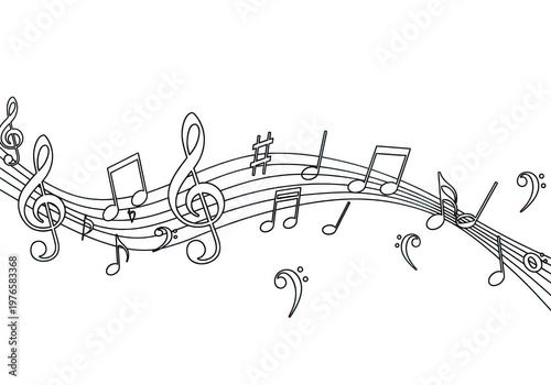 Intricate black and white line drawing of a musical composition with notes and staff lines isolated on transparent background