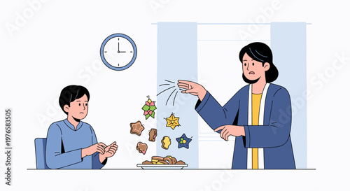 Woman Giving Coins To Boy Indoors Scene.