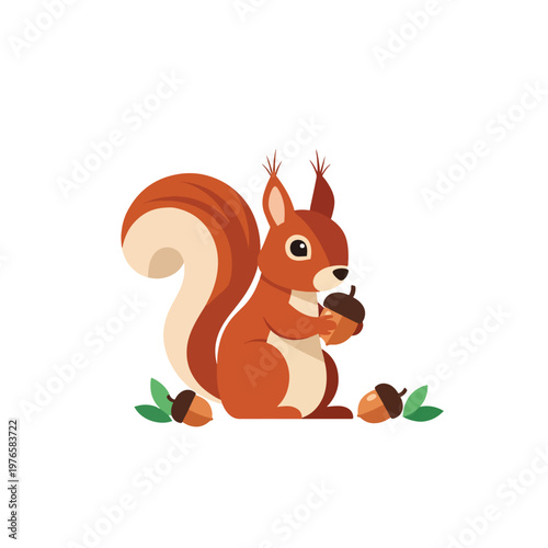 Cute red squirrel holding an acorn cartoon illustration.