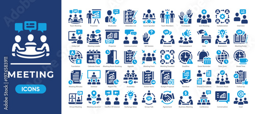 Meeting icon set featuring collaboration, communication, scheduling, and teamwork. Simple solid vector.