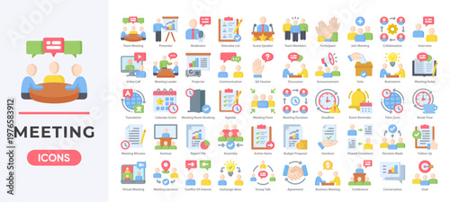 Meeting icon set featuring collaboration, communication, scheduling, and teamwork. Simple flat color vector.