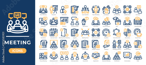 Meeting icon set featuring collaboration, communication, scheduling, and teamwork. Simple two tone vector.