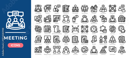 Meeting icon set featuring collaboration, communication, scheduling, and teamwork. Simple line vector.
