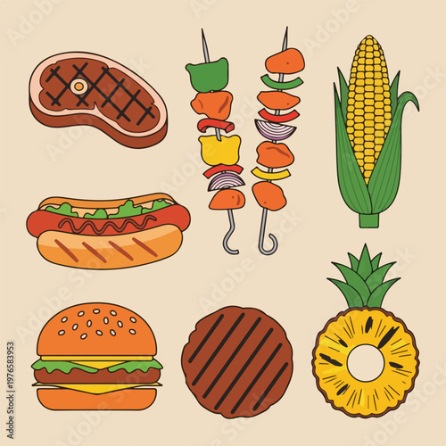 Assortment of barbecue foods with a neutral background, flat illustrations