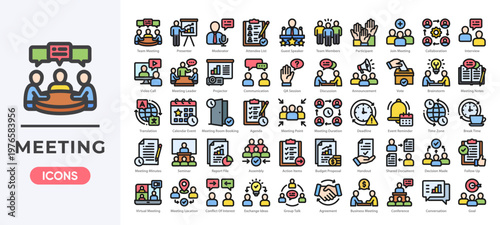 Meeting icon set featuring collaboration, communication, scheduling, and teamwork. Simple linear color vector.