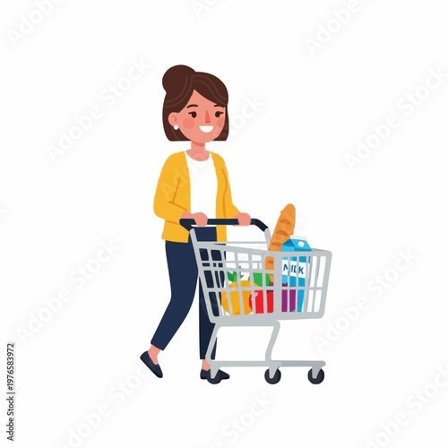 Woman Pushing Shopping Cart with Groceries Illustration, Supermarket Daily Life Concept