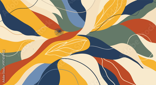 Colorful abstract artwork with layered organic shapes and fine lines