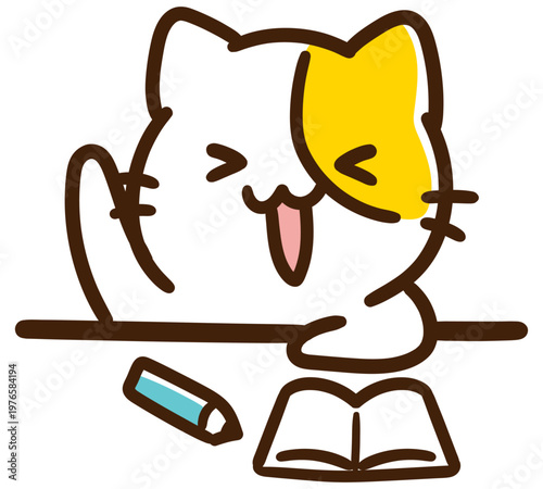 授業中に元気よく手を挙げるかわいいねこのキャラクターのデフォルメイラスト