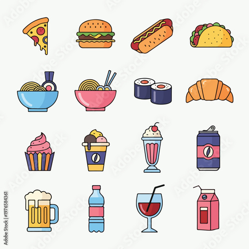 Assortment of colorful, stylized illustrations of various food and beverage items