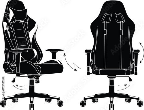Ergonomic office and gaming chair silhouette with adjustable armrests, reclining backrest, swivel base, padded seat design, comfort illustration for workplace and home interior projects