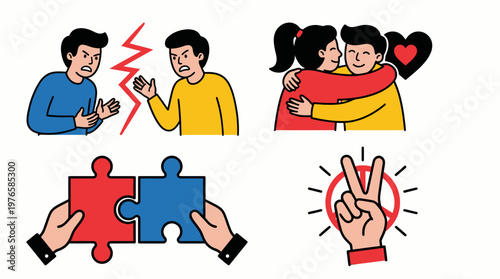 A colorful illustration depicting various aspects of human relationships and communication