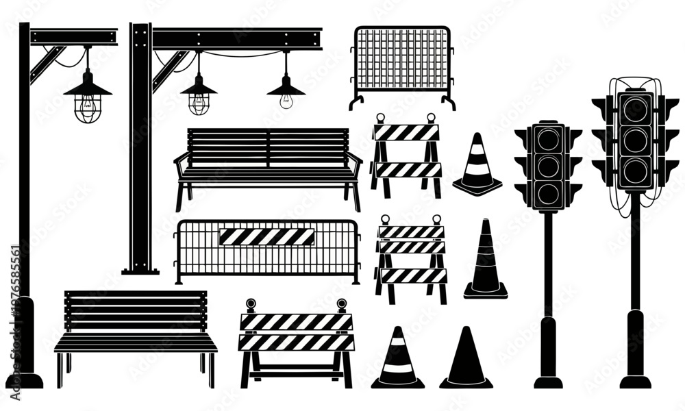 Naklejka premium Detailed black and white vector graphic illustration featuring various street furniture elements like park benches traffic lights and construction barriers