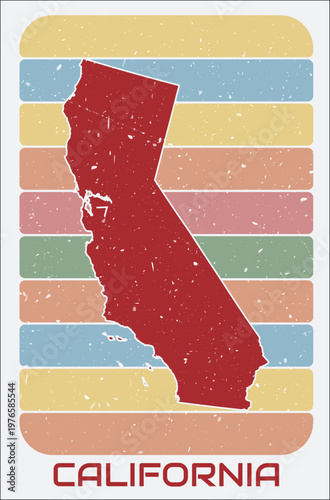 California, United States vintage logo. Shape of the state on retro colored stripes background. California, United States map design with grunge scratch texture. Vector illustration.