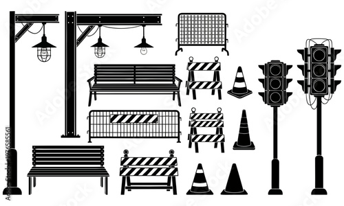 Detailed black and white vector graphic illustration featuring various street furniture elements like park benches traffic lights and construction barriers
