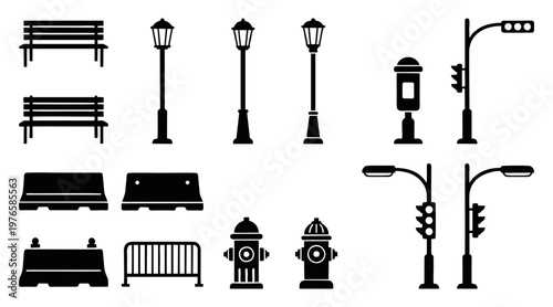 Set of black silhouette street furniture vector graphic elements featuring benches lamps traffic lights fire hydrants and concrete road barriers