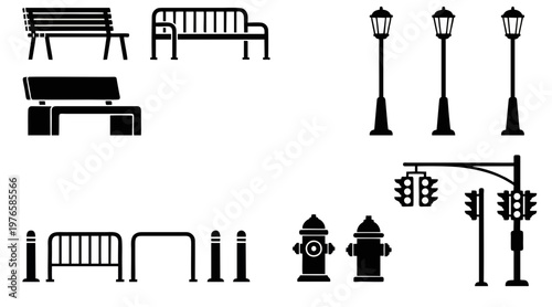 Black vector graphic illustration collection featuring various urban street furniture elements like benches lamps traffic lights and fire hydrants