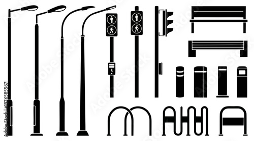 A diverse collection of essential urban street furniture and city infrastructure vector graphic elements, perfect for architectural and public space designs.