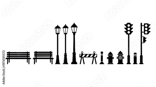 Minimalist vector graphic set showing various city street furniture elements including benches street lamps traffic lights and fire hydrant icons