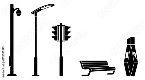 Professional vector collection featuring various street furniture items like lamp posts traffic lights and a modern public park bench design