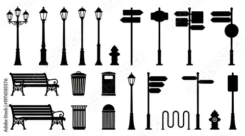 Comprehensive vector graphic illustration of various urban street furniture, including benches, lamp posts, trash cans, and directional signs.