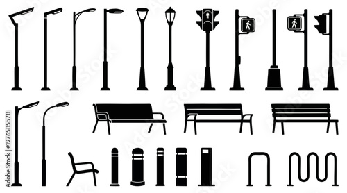 Collection of diverse urban furniture elements featuring street lighting fixtures and public seating benches displayed as simple black vector silhouettes