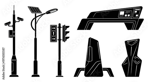 Detailed black and white vector illustration depicting various modern smart city infrastructure elements including traffic lights cameras and electronic signage