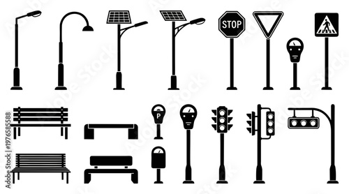 Collection of black vector graphic icons representing urban street furniture and essential public traffic control signs for city infrastructure development