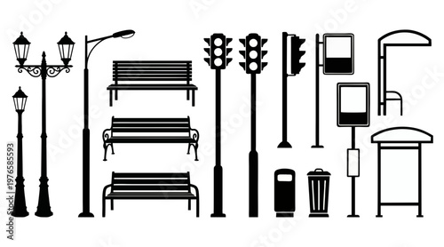 Black silhouette vector set featuring various urban street furniture elements including benches traffic lights lanterns and bus stop structures