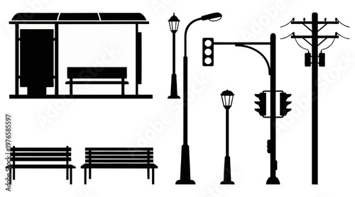Obraz na plátně Black vector graphic illustration collection featuring various urban street furn