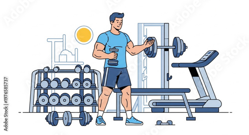 Young man lifting dumbbell and holding shaker bottle.