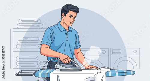 Young man ironing clothing on ironing board.