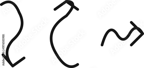 Hand-drawn set of black curved and bouncing parabolic trajectory arrows on white background isolated illustration