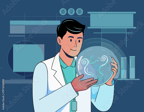 Stylized vector illustration of a scientist examining glowing microscopic organisms