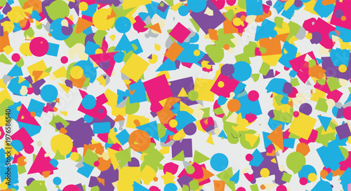 Colorful, abstract composition with various geometric shapes on a light grey background