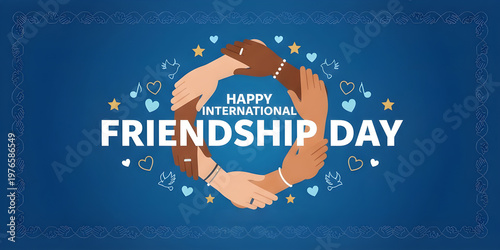 A banner poster for International Friendship Day featuring five diverse hands against a blue background.
