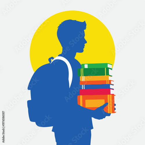 Blue silhouette of a student carrying books with a yellow background