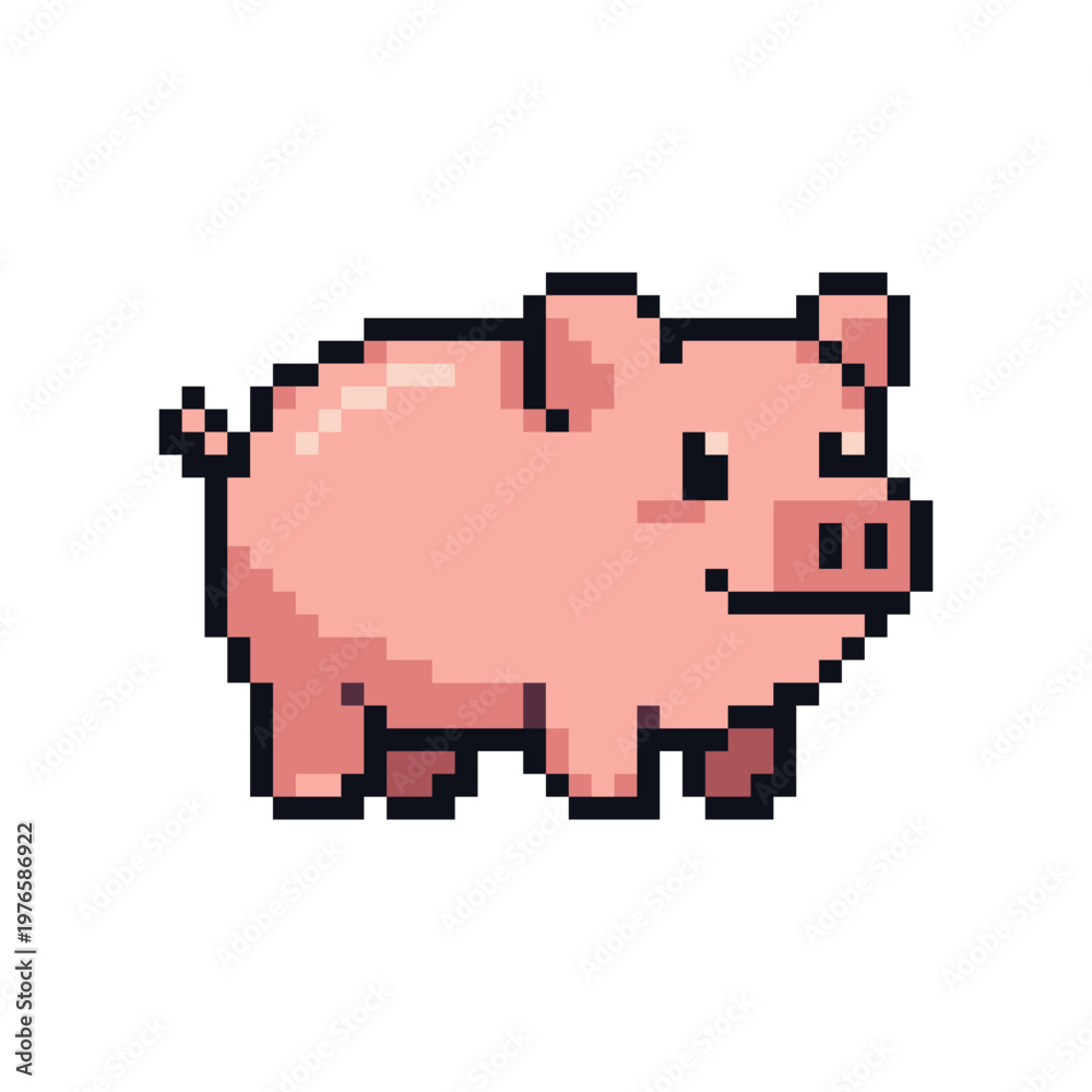Fototapeta premium Cute pink pig pixel art icon isolated on white background