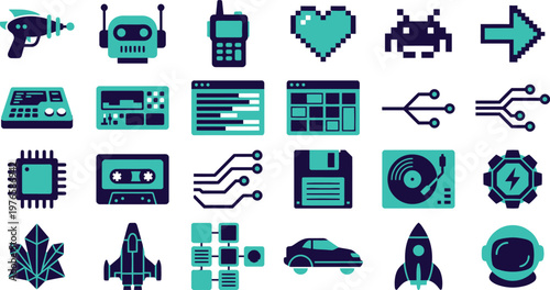A collection of retro digital technology and science fiction icon illustrations in blue and dark cyan colors