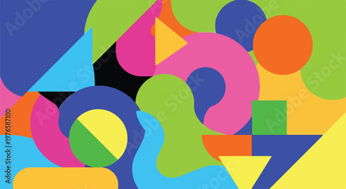 Colorful abstract design composed of geometric shapes circles, triangles, and squares