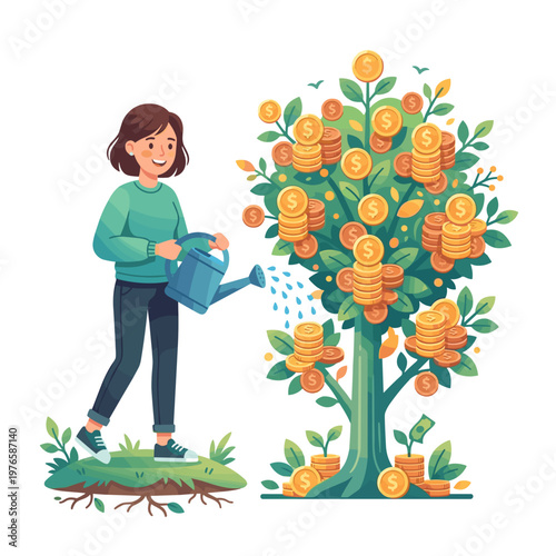 Young woman watering a money tree with gold coins