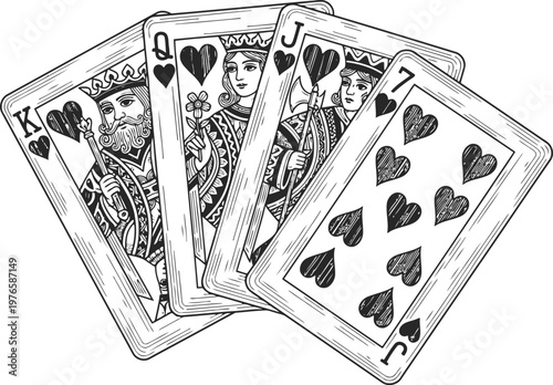 Vintage style hand drawn illustration of a hand of playing cards featuring king queen jack and seven