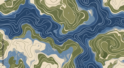 Abstract depiction of topographic contours in shades of green and blue